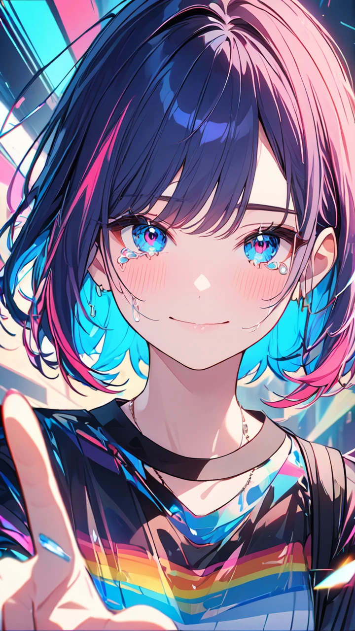 masterpiece,Best quality,ultra wide angle,thumbaudience,1 girl,pink and blue hair,hand,cuteanimeface,tears,masterpiece,transparentcolorPVCfor clothes,transparentcolorvinylclothing,whole body,glukkkomok}in the face,smile,medium hair,granularity,lens_Flash,colorful,chromatic aberration,Dynamic,closed mouth,intense emotional expression:death,glitchArt,ultra detailed,very gentle and beautiful,albumcover,album,albumdescription,Pixilationin the face,double exposure,chromatic aberration,light leak,Noise and grain,Color deterioration,Glitchlettering,Art,abstractArt,geometry,sharp lines,squares,Bright,limited palette,{canonical composition},neatdiagonalstripedbackground,{{blue with white striped background}},{limited palette},flat,blue and white,