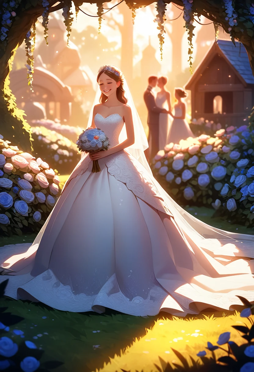 highres, top quality, best quality, paid reward available, High-quality illustrations, unparalleled masterpiece, grass field, absurdres, height difference, large dragon hugs girl((wedding Photo of a Dragon and human child girl))girl, wedding dress, girl hugs dragon, Shy laughter, torogao, happy, kiss(beautiful detailed eyes and face)caustics, dynamic lighting, deep shadow, lens flare,