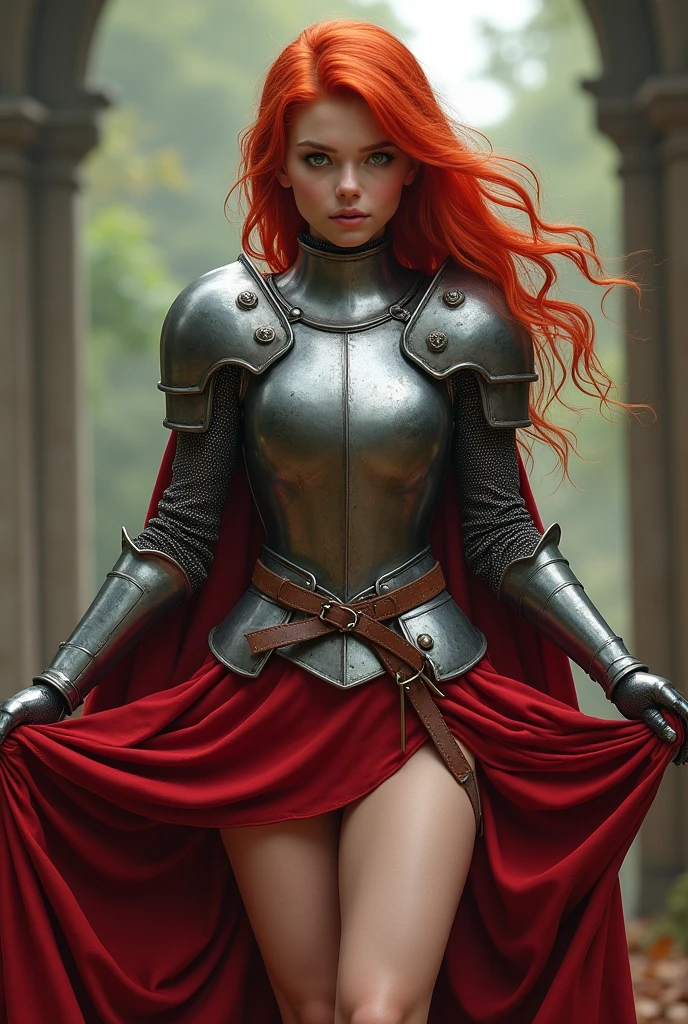 (female warrior: 1.5), (redhead warrior girl: 1.3), 1 girl, solo, pretty girl, young girl, (red hair), (green eyes), thin girl, small breasts, pretty face, slim waist, thin legs , gap between thighs, (knight's armor), (steel breastplate, steel gauntlets, steel gloves: 1.1), (red mini skirt: 1.3), (skirt lifted by itself: 1.1), (skirt lift: 1.3), (showing white panties: 1.3), white panties, tiny panties, (cameltoe: 1.2), frontal, (cowboy shot), medieval fantasy, Dungeons and dragons, RPG character, best quality, (masterpiece), ultra-realistic, 8k