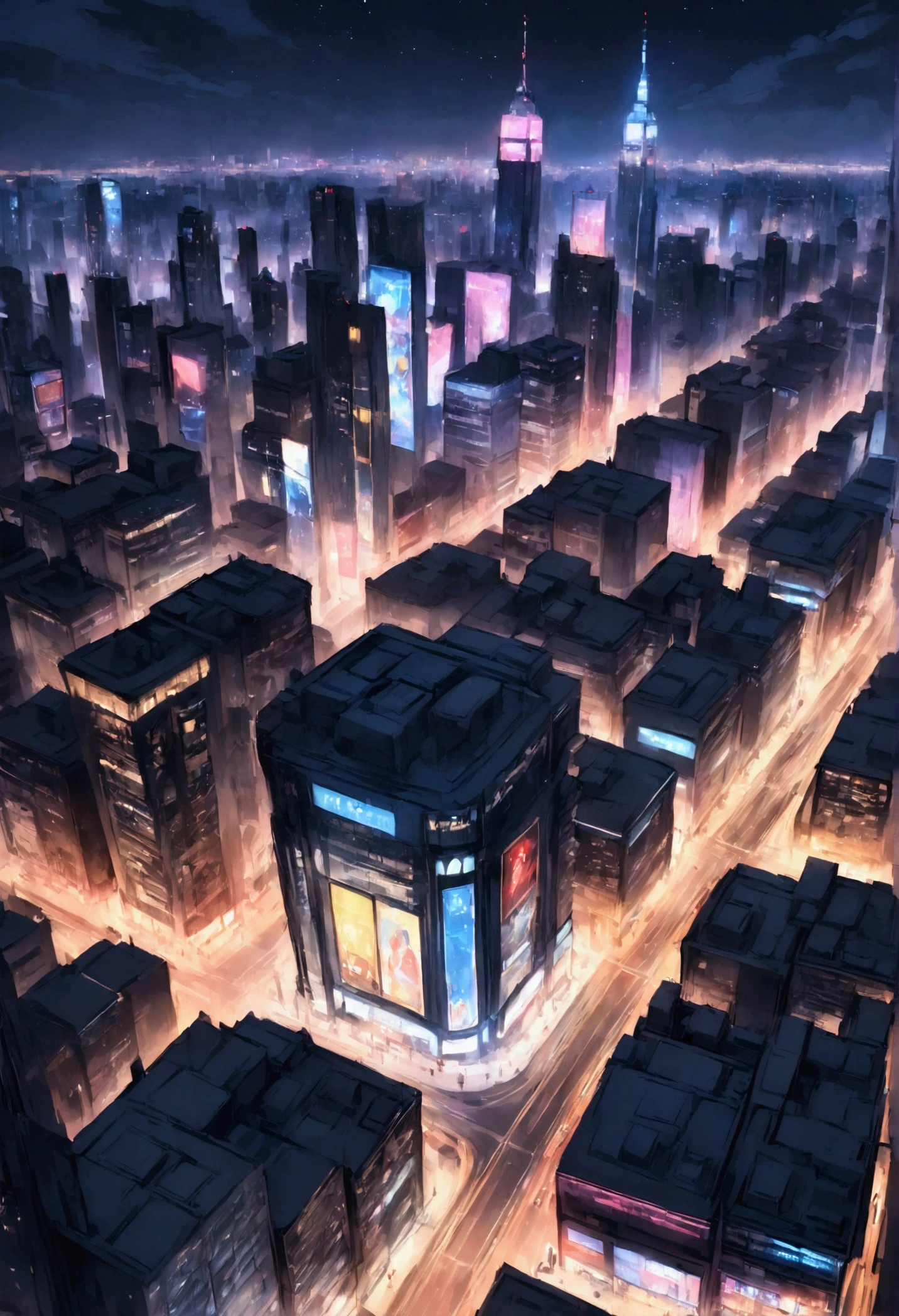 City Skyline at Night:**
    - *Scene:* A sweeping view of a vibrant city skyline at night from a rooftop bar. Neon lights and bustling streets below.
    - *Details:* The city should appear alive with light and movement, with a starry sky and distant buildings.