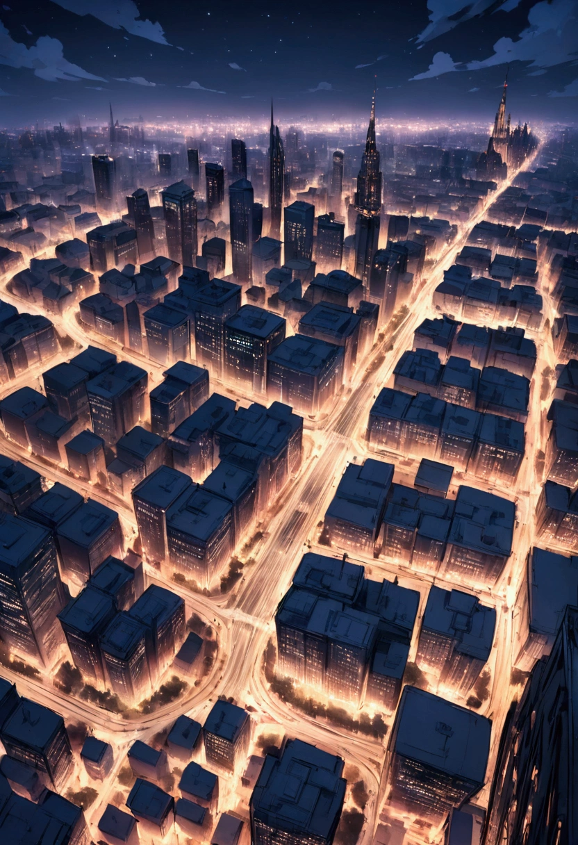 City Skyline at Night:**
- *Scene:* A sweeping view of a vibrant city skyline at night from a rooftop bar. Neon lights and bustling streets below.
- *Details:* The city should appear alive with light and movement, with a starry sky and distant buildings.