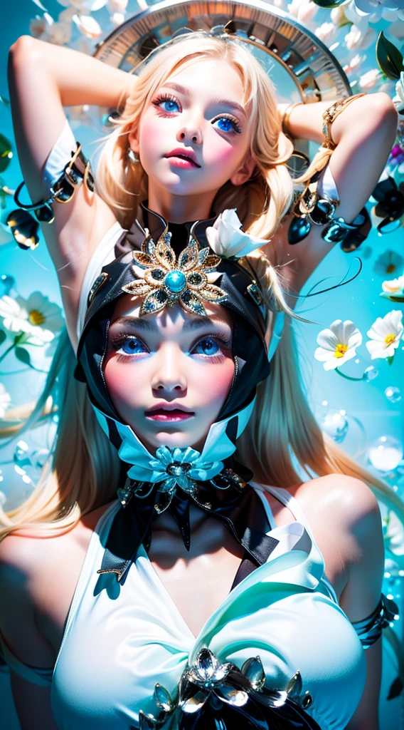 Completely naked、White Background,Upper body close-up、 Shiny, Firm, glowing skin, Bangs between the eyes, Beautiful luster, Platinum Blonde Hair, Twin tails, eyeliner, A very beautiful and innocent 15-year-old girl, High resolution big beautiful light blue eyes, beautiful and adorable girl, ((beautiful girl、Ultra-high resolution、The lighting is bright、Precise needles without discomfort))、Small Face Beauty、Very white and beautiful young々Fresh Skin、Round face、Nipples、White Background