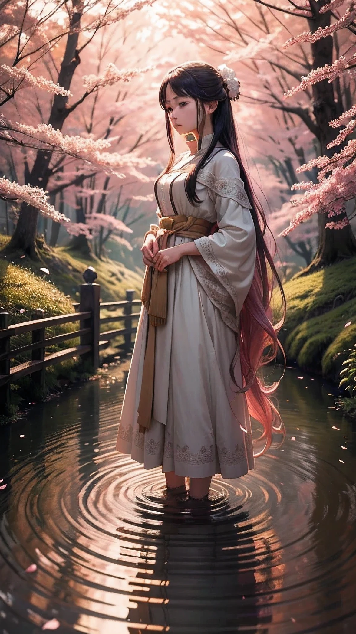 A breathtaking anime scene set in a serene, lush forest during sunset. The warm golden light filters through the towering trees, casting long shadows and creating a magical, ethereal atmosphere. In the center of the scene, a crystal-clear river gently flows, reflecting the vibrant colors of the sky. Delicate cherry blossom petals dance in the air, carried by a soft breeze. A young anime character, with flowing hair and detailed, intricate clothing, stands on a small wooden bridge, gazing thoughtfully at the horizon. The hyper-realistic details bring out the texture of the bark, the shimmer of the water, and the softness of the petals. The entire scene is rendered in 4K, with an incredibly high resolution, capturing every detail with stunning clarity.8K,high resolution