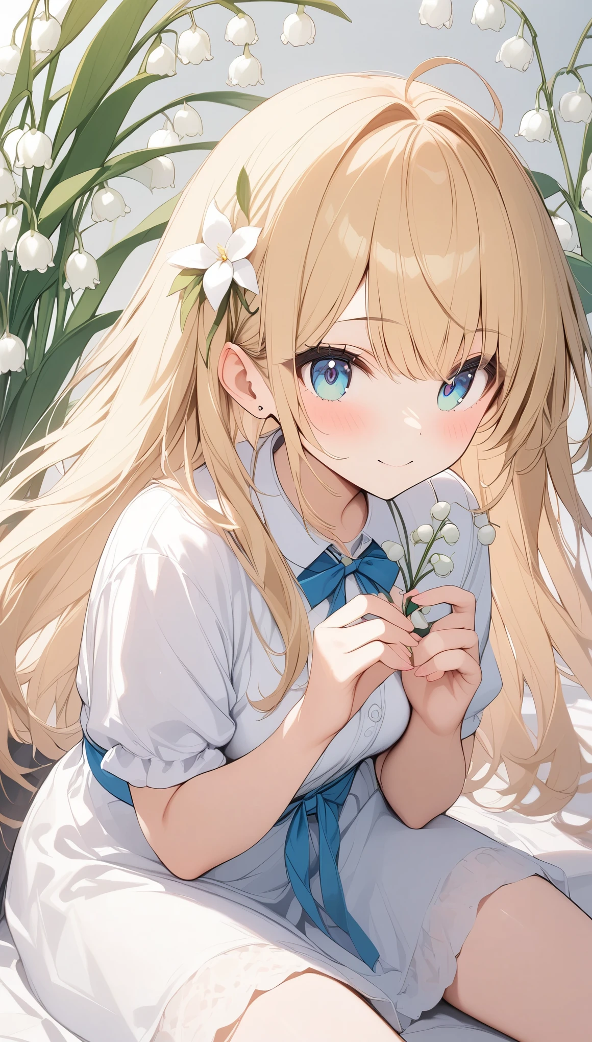 pale colour,((Amazingly absurd)),超High resolution, Attention to detail, high quality, High resolution, 最high quality, 4K, 8k, artwork,3dart,Lily of the valley flowers,White flower,Girl sitting in the middle,Lily of the valley background,White Dress、Blonde、long hair