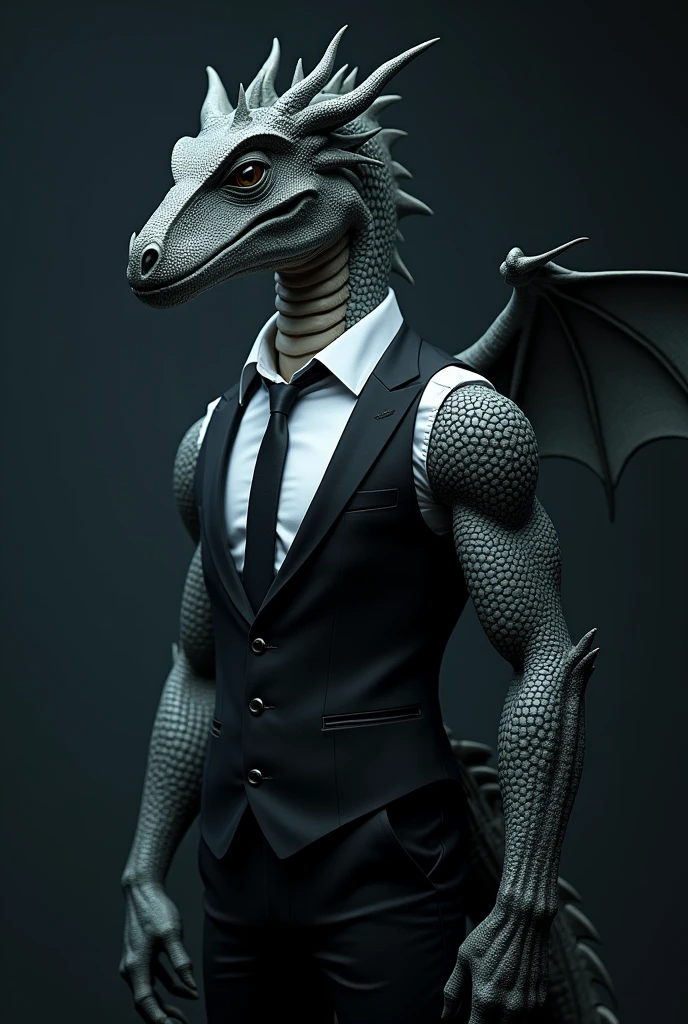 Draw me a dragon wearing a vest, the dragon looks like a human but wears a black vest on the outside, inside is a white shirt like a gentleman, the background is dark blue.