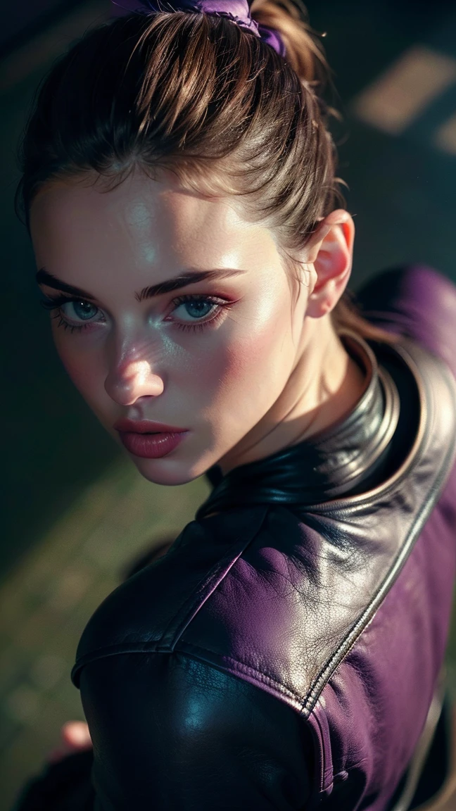 (((ultra realistic))) Photo, masterpiece, top quality, (Pale skin), (Ultra detailed face and eyes.:1.3), 1 girl, adult, on a t-shirt, ((eye makeup, mask)), (big detailed lips), ((rosa hair in a ponytail)), ((Chiolka)) , (natural breasts), Thin waist. ((Posing)), Photoshoot, studio (Soft lighting), (The game of lights and shadows), depth of field, bokeh, (Special attention to leather details.: 1.2), detailed leather texture, skin pores. (Warm frame environment.. Color range: violet, rosa, blue tones), DR, ((film grain)), ((good heavens)), (Glare), ((Photo to the waist, view from above)) , ultra detialed,