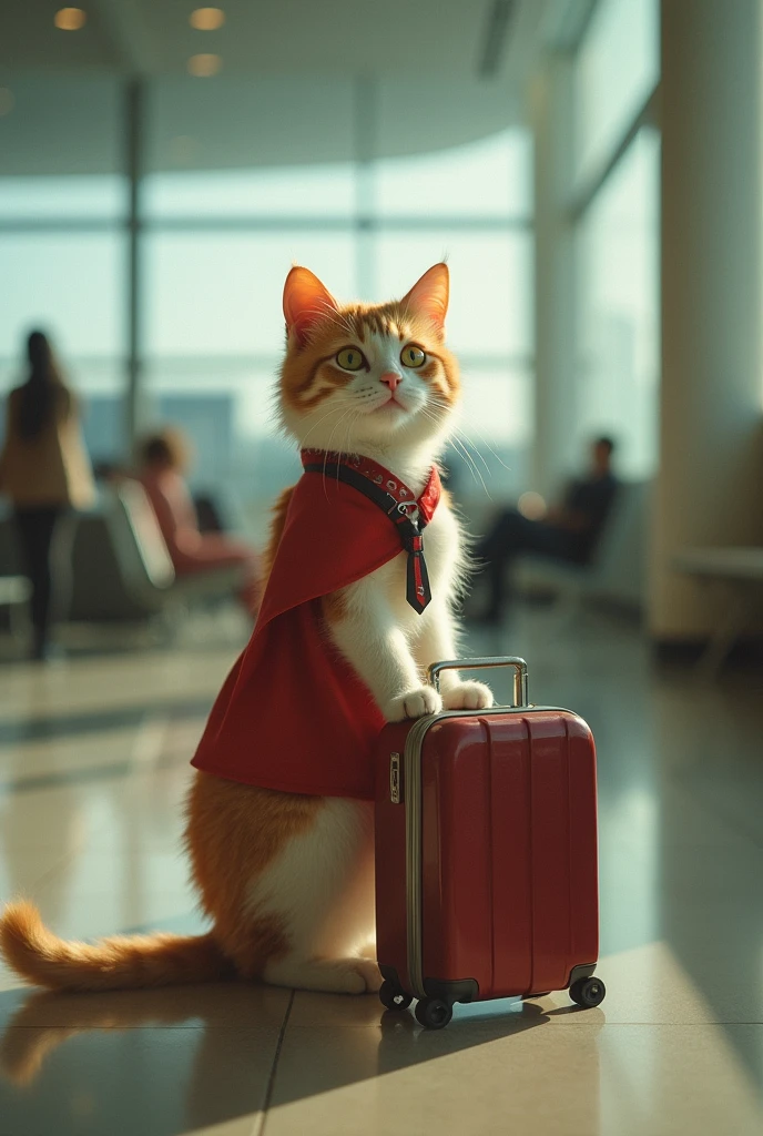 35mm lens,Multiple angles,漂亮的Cat,cute,Sexy,Personification,Back,side,silhouette,Overhead shot,Cat,Standing,doll,Airline stewardess,Trolley case,,AIRPORT,Airline stewardess, cloak,Ruan Jia,,Work clothes,tie, (Delicate face), (Fine fluffy fur),(35mm Cinema Lens),(Multi-angle shooting),(many viewing angles)