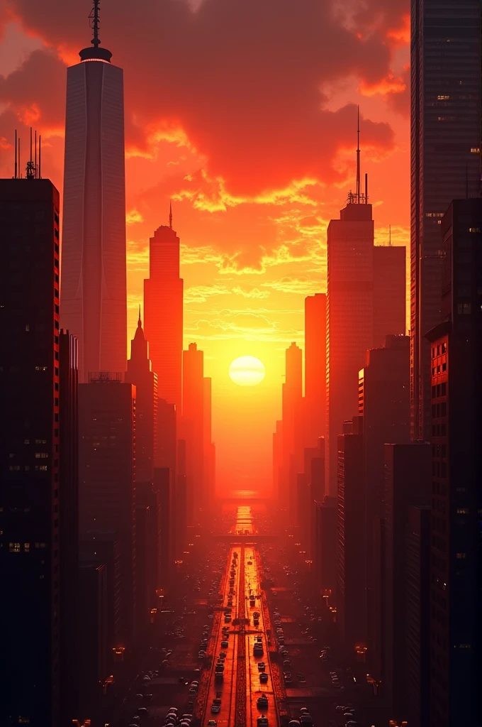 Sunset in a big city with skyscrapers
