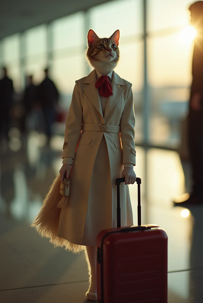 35mm lens，Multiple angles，漂亮的Cat，cute，Sexy，Personification，Back，side，silhouette，Overhead shot，Cat，Standing，doll，Airline stewardess，Trolley case，，AIRPORT，Airline stewardess， cloak,Ruan Jia,，Work clothes，tie, (Delicate face), (Fine fluffy fur)，（35mm Cinema Lens），（Multi-angle shooting），（many viewing angles）