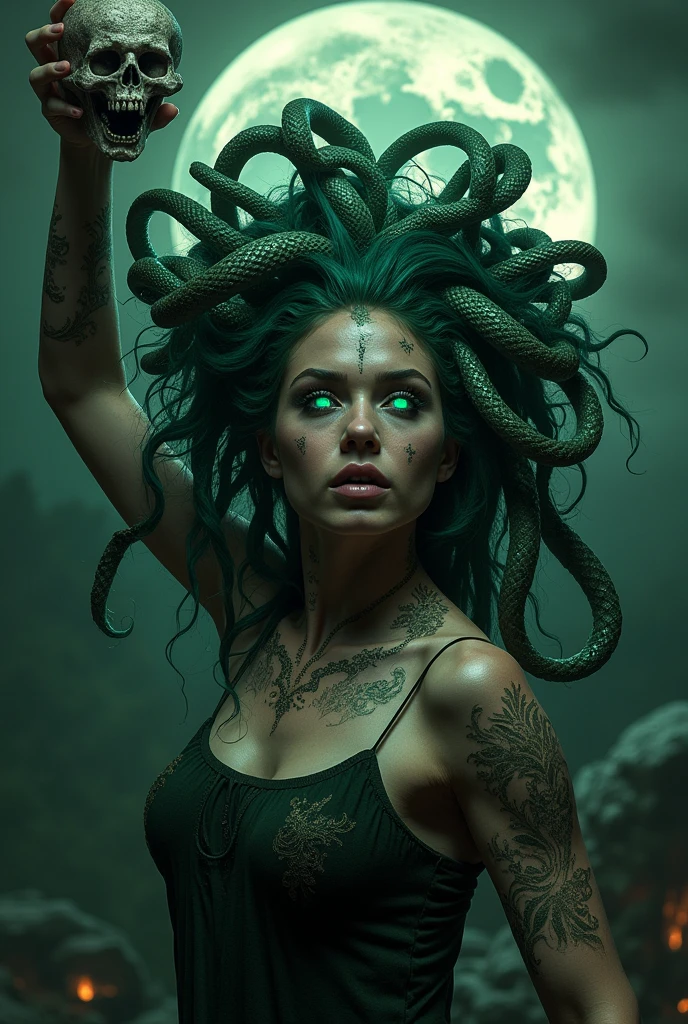 Medusa snake hair, eyes glowing green, night full moon, holding a petrified human head