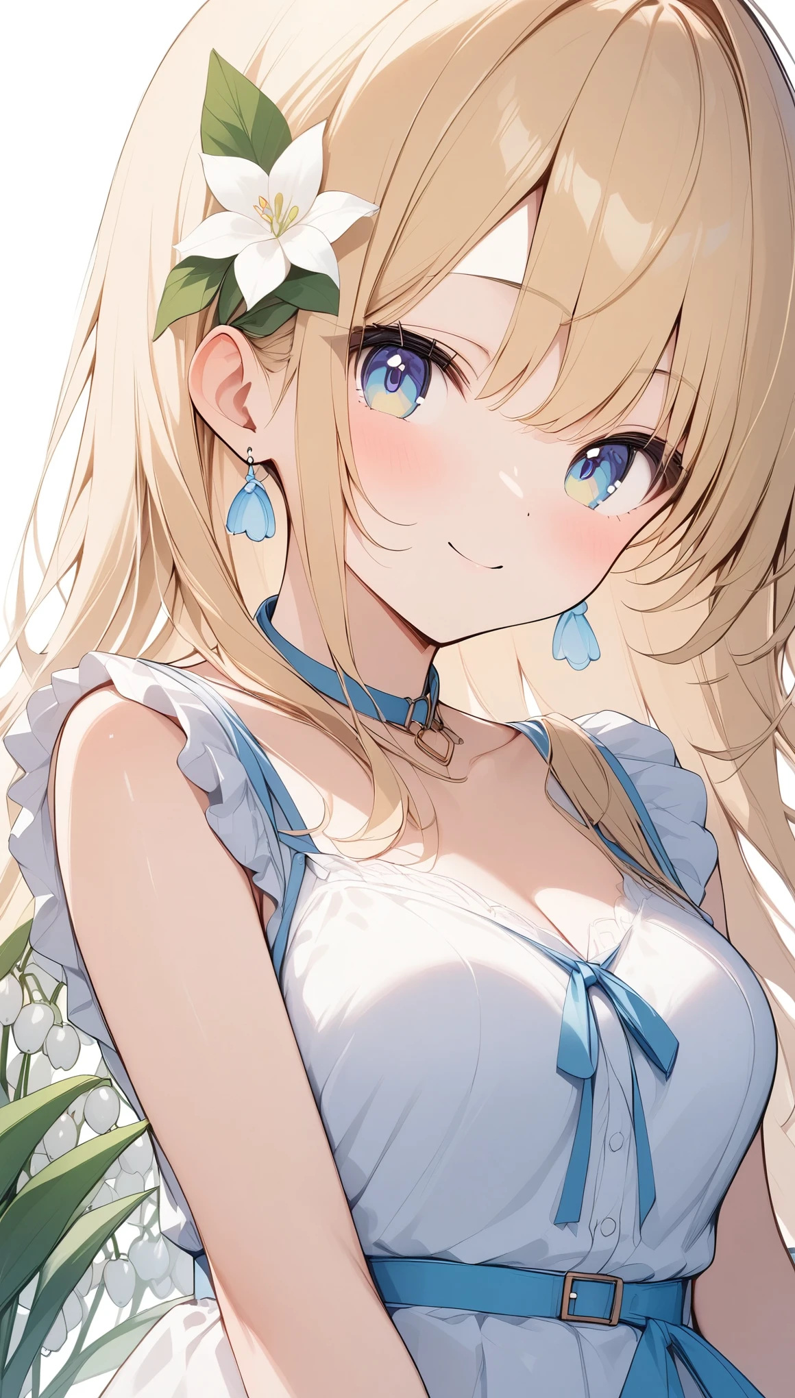 pale colour,((Amazingly absurd)),超High resolution, Attention to detail, high quality, High resolution, 最high quality, 4K, 8k, artwork,3dart,Lily of the valley flowers,White flower,Girl sitting in the middle,((Lily of the valley background)),White Dress、Blonde、long hair