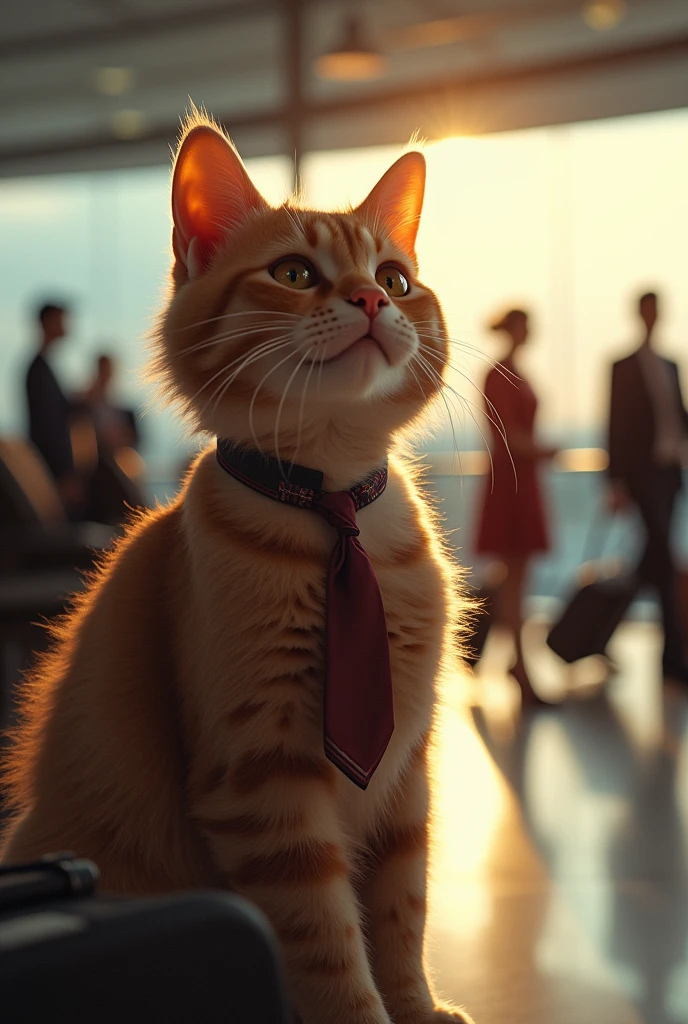 35mm lens,Multiple angles,漂亮的Cat,cute,Sexy,Personification,Back,side,silhouette,Overhead shot,Cat,Standing,doll,Airline stewardess,Trolley case,,AIRPORT,Airline stewardess, cloak,Ruan Jia,,Work clothes,tie, (Delicate face), (Fine fluffy fur),(35mm Cinema Lens),(Multi-angle shooting),(many viewing angles)