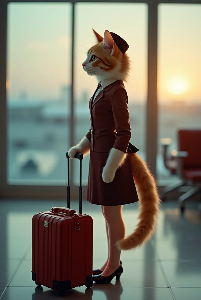 35mm lens，Multiple angles，漂亮的Cat，cute，Sexy，Personification，Back，side，silhouette，Overhead shot，Cat，Standing，doll，Airline stewardess，Trolley case，，AIRPORT，Airline stewardess， cloak,Ruan Jia,，Work clothes，tie, (Delicate face), (Fine fluffy fur)，（35mm Cinema Lens），（Multi-angle shooting），（many viewing angles）