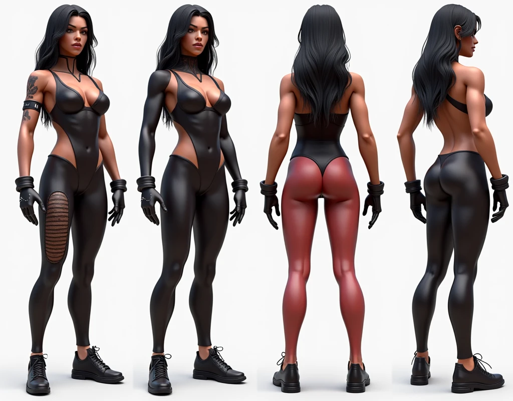 reference image, character design model sheet, kunoichi, amazoness, femme fatale spy, bodybuilder warrior princess, russian, chinese, africa, hindi, indian, hawaiian, mexican, ukranian, bodysuit, slim, curvy, fit, curvaceous, lean, thick, toned, thicc, trim, concept, long hair, 3d, game character, ultra-detailed, detailed face, detailed outfit, high quality, high detail, 8k, uhd, multiple views, two views, full body turnaround, facing the left, seen from the front, frontal view looking straight ahead, front view, side view, profile view, side profile view, side view looking straight to the side, back view