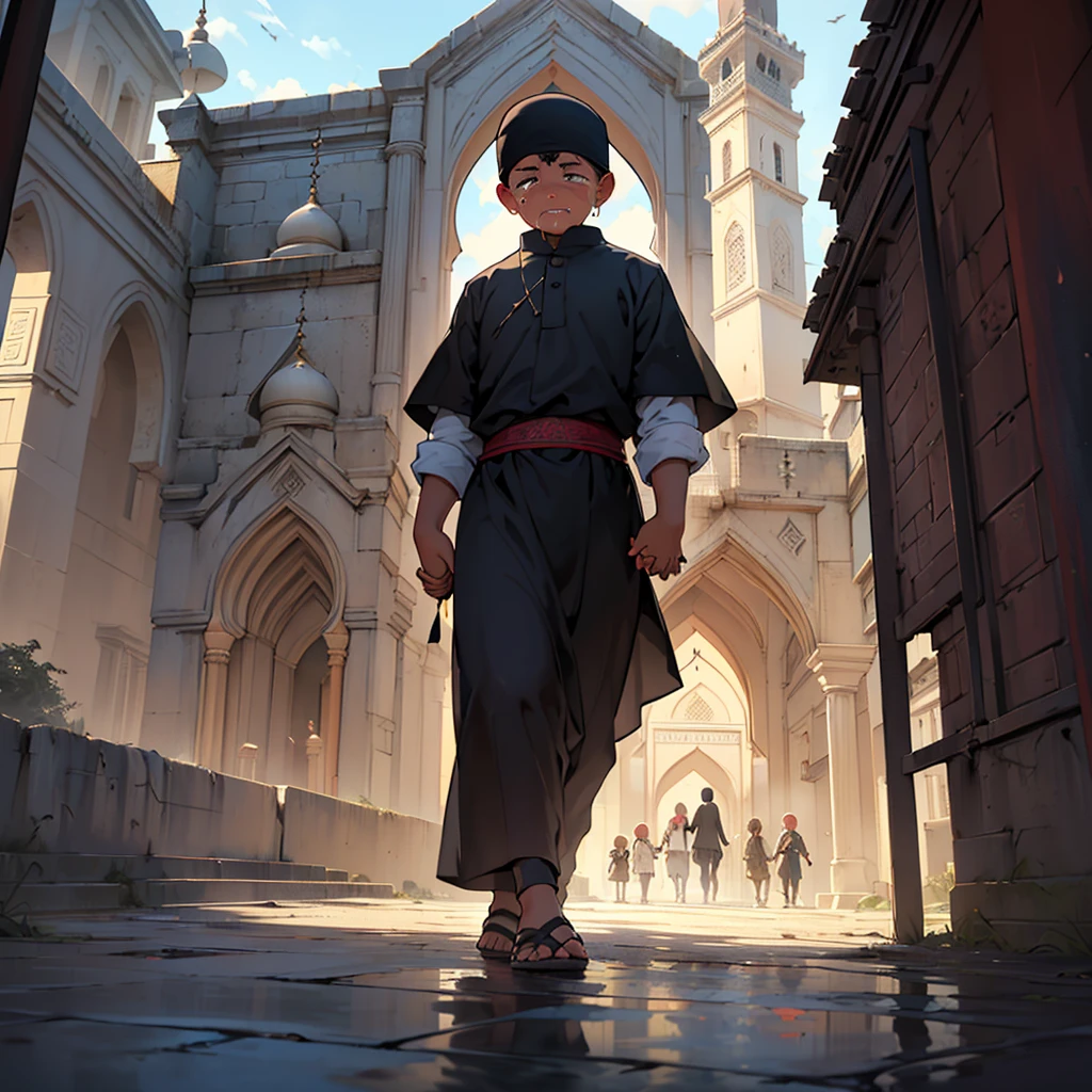 ((A kid crying, representing non discrimination of religion on the foreground)), ((people of all religion holding hands, protecting the kid, on the middle ground from dark shadow criminals)), ((temples, mosques and churches burning on the background))