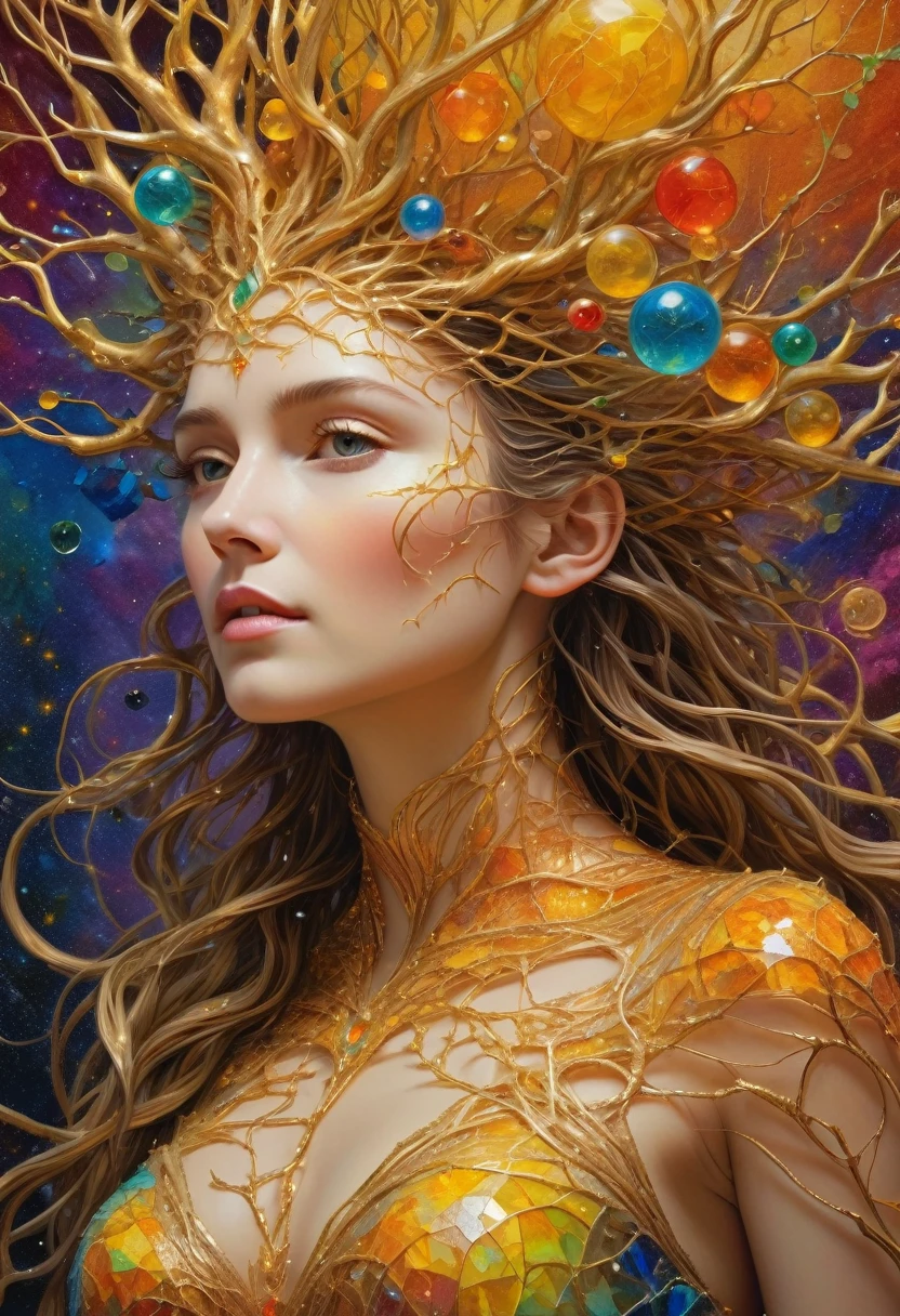Beautiful line art photo,Use gold strokes and rainbow paint,Golden Maiden,the golden ratio,Melted wax,Visible brush strokes,surrounded by crystal spheres,3D Mosaic Wireframe,neuroimaging,neurons,The Tree of Life,colours,California,intense emotion,Oil on canvas,Thick strokes,insanely details,8k ultra high definition,tmasterpiece,art stations,ultra-realistic realism,plant witch,Vine Queen,Witch of Thorns