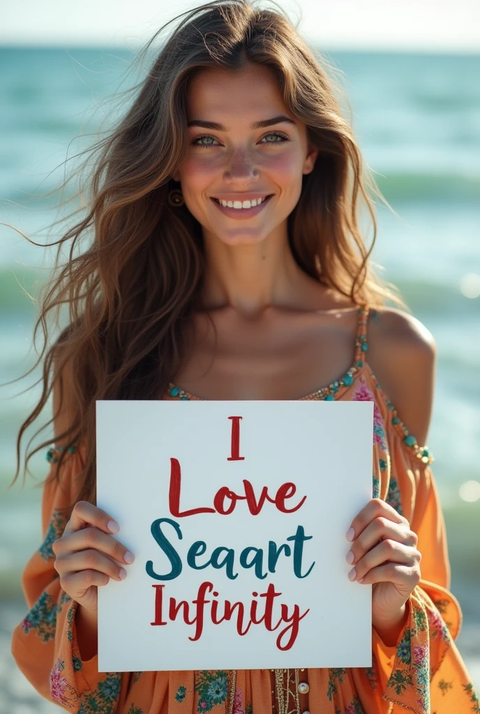 Beautiful girl with wavy long hair, bohemian dress, holding a white board with text "I Love Seaart Infinity" and showing it to the viewer