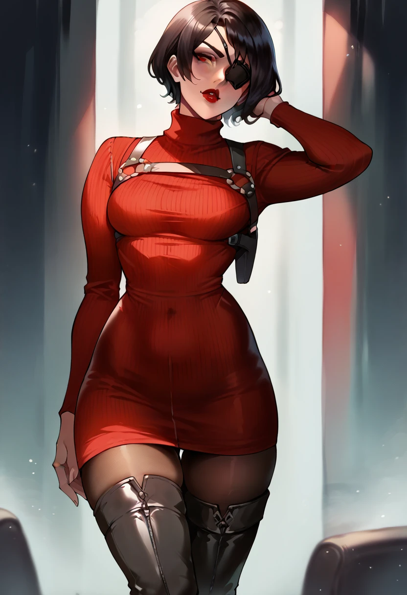 (score_9, score_8_up, score_7_up,) source_anime, RE4, red sweater dress, turtleneck, ribbed sweater, thigh high boots, pantyhose, harness, red eyes, eyepatch, eyeliner, lipstick, long black hair, Nyantcha style, rating_explicit