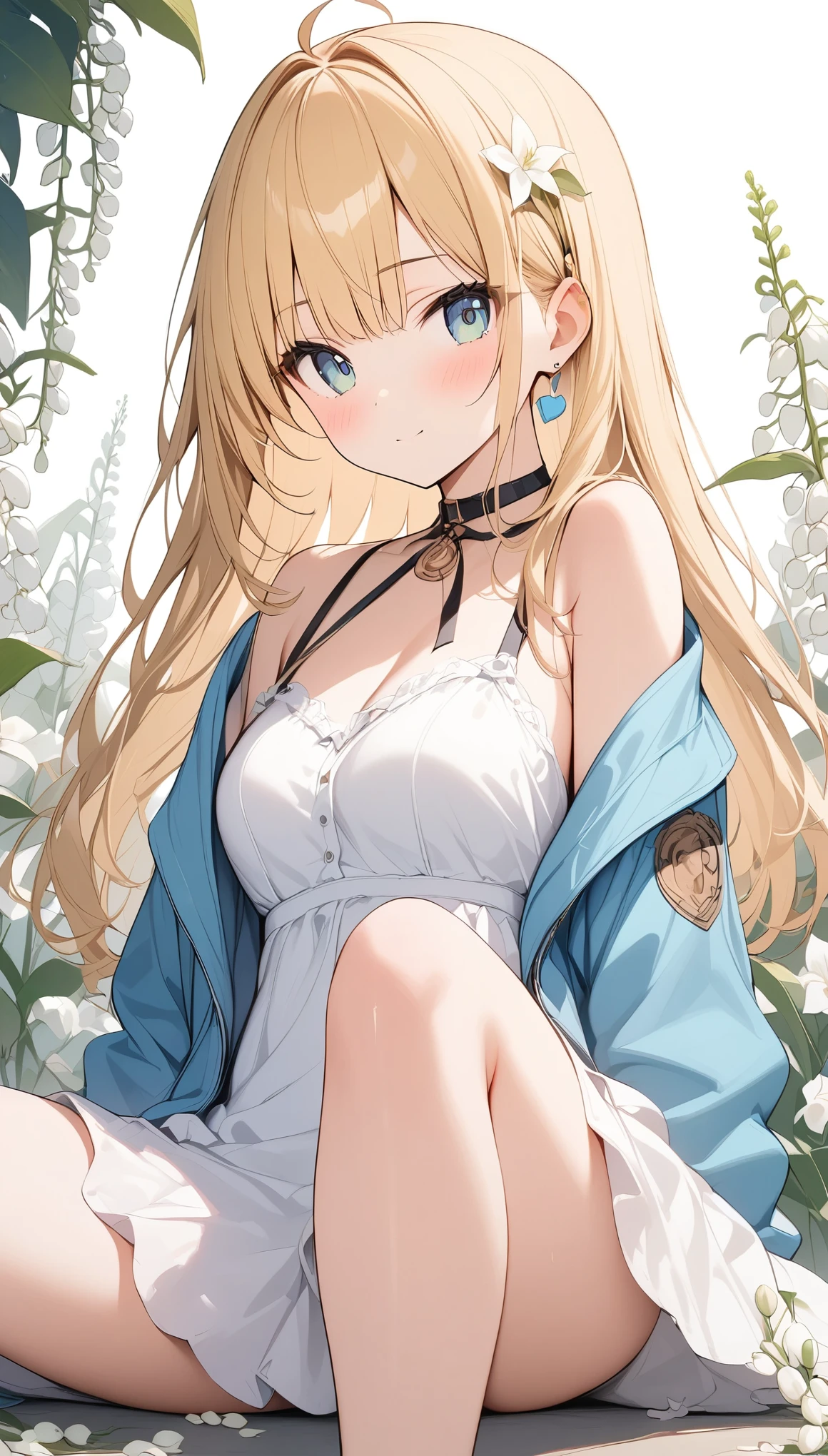 pale colour,((Amazingly absurd)),超High resolution, Attention to detail, high quality, High resolution, 最high quality, 4K, 8k, artwork,((Works by famous illustrators)),BREAK,whole body,Lily of the valley flowers,White flower,Girl sitting in the middle,Lily of the valley background,White Dress、Blonde、long hair