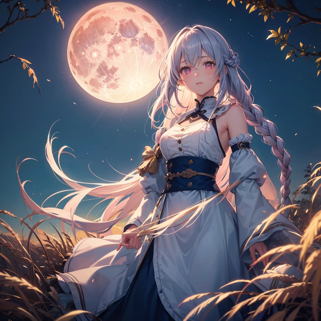 (Sky blue braided medium length hair), (Pink eyes),(Fair skin) ,(whole body),(One Girl),(harvest moon),(Miscanthus sinensis in the background),autumn,(full moon),(masterpiece, Highest quality, Very detailed, Best Shadow), (Detailed Background), (Beautifully detailed face), High Contrast, (Best lighting, Very delicate and beautiful), ((Cinematic Light)), Hyper Detail,8k, Dramatic Light,