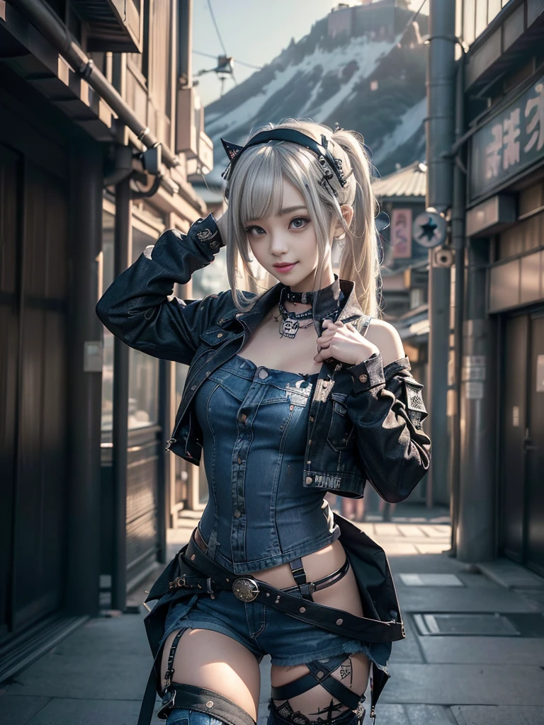 (Beautiful lips and nose:1.4)、(Long eyelashes:1.4)、(Smiling with teeth showing:1.3),(Shibuya Gal:1.5)、(Gothic ta delicately decorated dress:1.5)、(Tattered denim and black punk rock cargo pants:1.5)、(Denim and black navy skull mark small jacket:1.4)、(denim garter belt:1.5)、(Black and denim knee socks:1.3)、(Skull Silver Accessories:1.5)、(Denim collar:1.3)、(hair band:1.3)、(Brown Skin Belt:1.4)、(Brown boots:1.2)、(The underwear is striped:1.4)、31 years old、((Highest quality、In 8K、masterpiece:1.3))、Sharp focus:1.2、(Layered Cut、Huge boobs:1.1),Beautiful woman with perfect figure:1.4、(Dancing vigorously:1.3)、Slender Abs:1.2、Highly detailed face and skin texture、Detailed eyes、double eyelid,(Twin tails:1.3)、(Cream colored hair:1.3)、Gravure idol、(The background is a vast mountain with a clear view々Beautiful luxury resort destination in Europe:1.3)、(Slim Body:1.2),(Make your legs thinner:1.4),(clavicle:1.1)