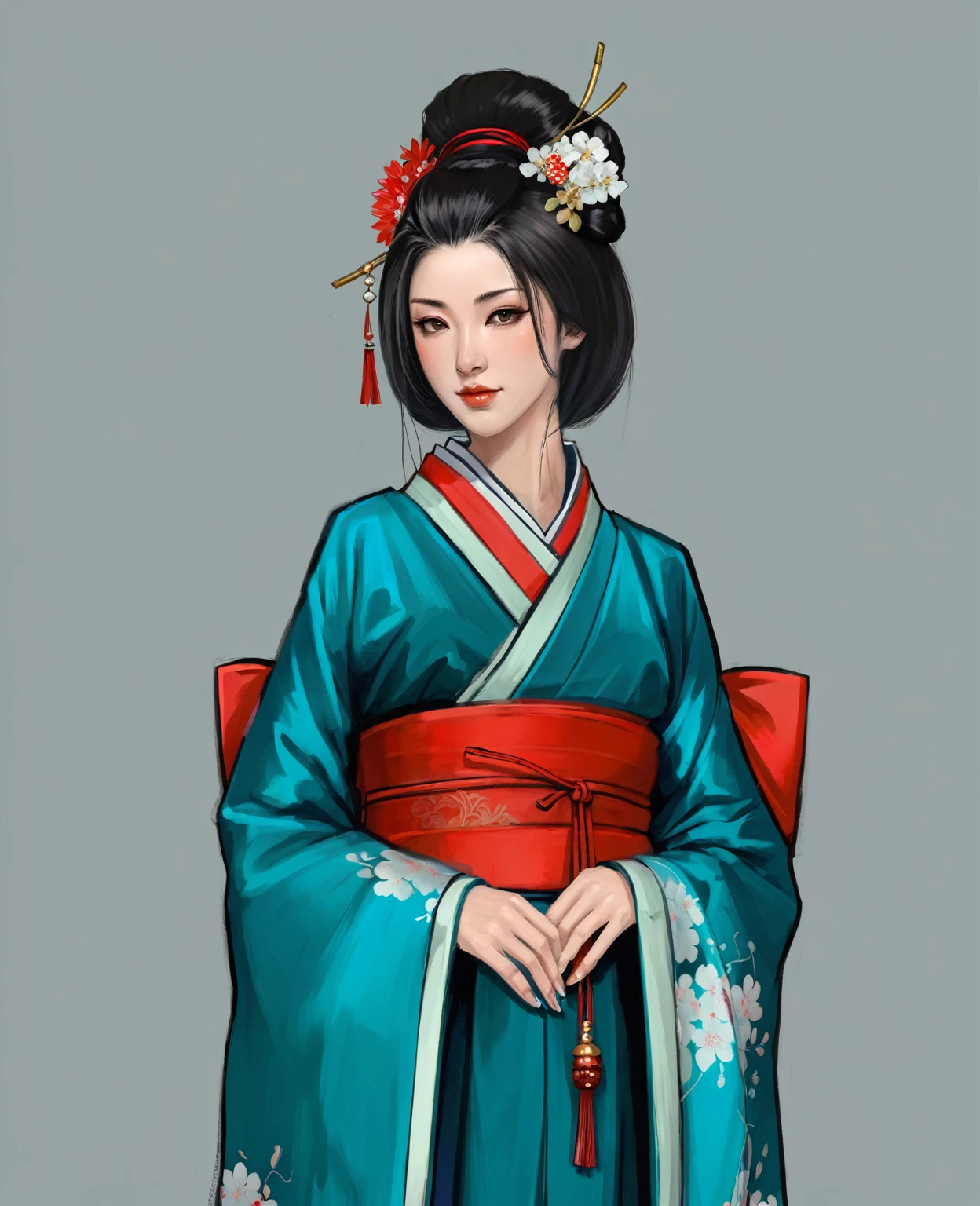 Нарисуй concept-арт самурая для MMORPG, centered on a Japanese setting. A geisha should inspire grace, sophistication and mystery, typical of Japanese culture. Picture her in a traditional kimono with details, combining elements of traditional and fantasy design. full length, concept, full length персонаж, digital painting