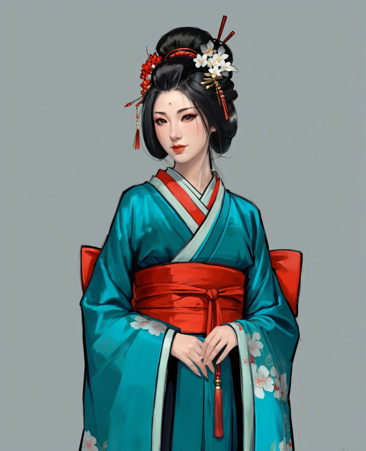 Нарисуй concept-арт самурая для MMORPG, centered on a Japanese setting. A geisha should inspire grace, sophistication and mystery, typical of Japanese culture. Picture her in a traditional kimono with details, combining elements of traditional and fantasy design. full length, concept, full length персонаж, digital painting