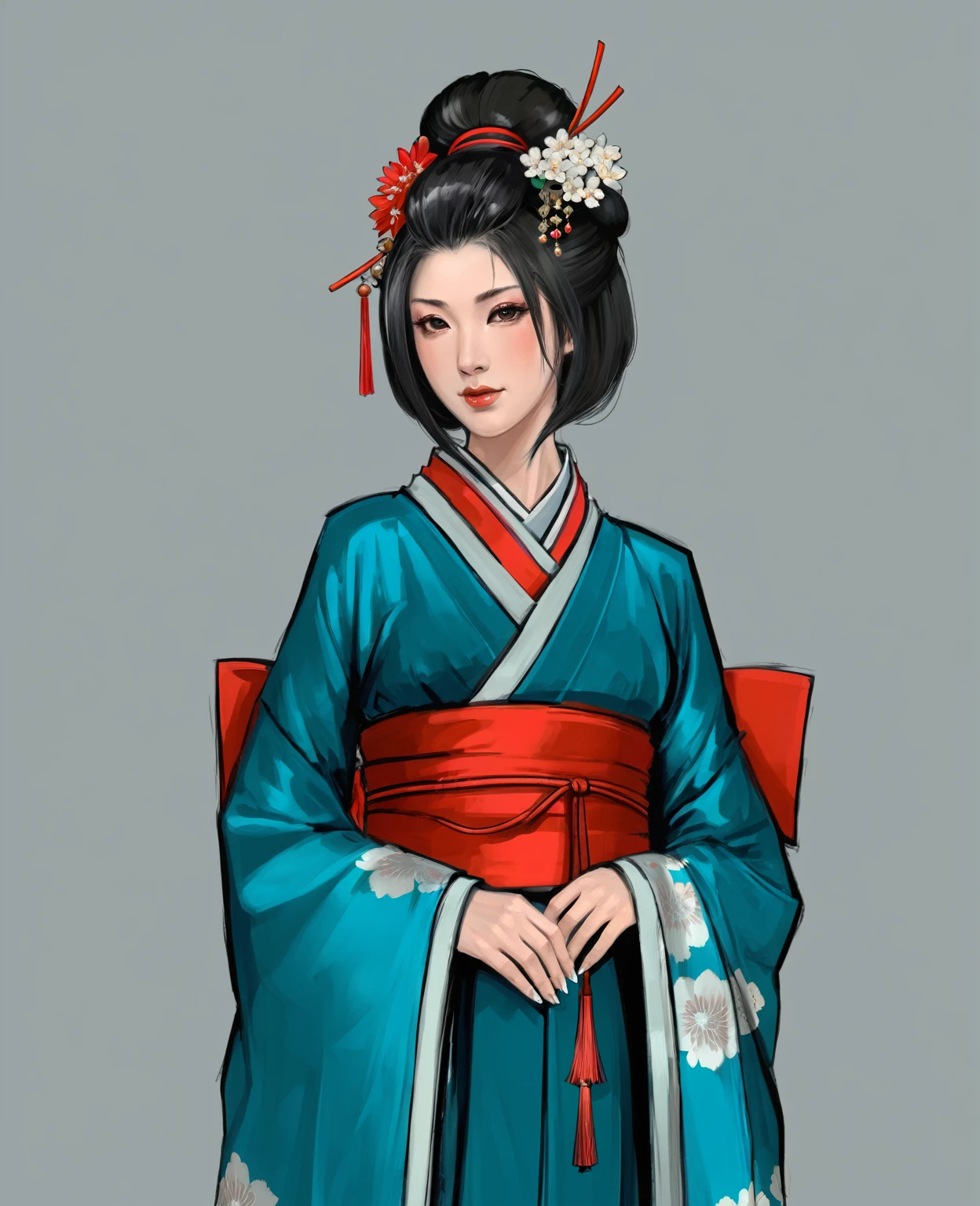 Нарисуй concept-арт самурая для MMORPG, centered on a Japanese setting. A geisha should inspire grace, sophistication and mystery, typical of Japanese culture. Picture her in a traditional kimono with details, combining elements of traditional and fantasy design. full length, concept, full length персонаж, digital painting