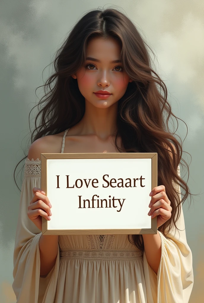 Beautiful girl with wavy long hair, bohemian dress, holding a white board with text "I Love Seaart Infinity" and showing it to the viewer