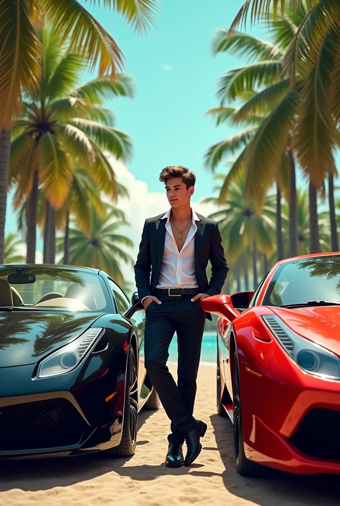A rich boy around luxury cars and coconut trees
