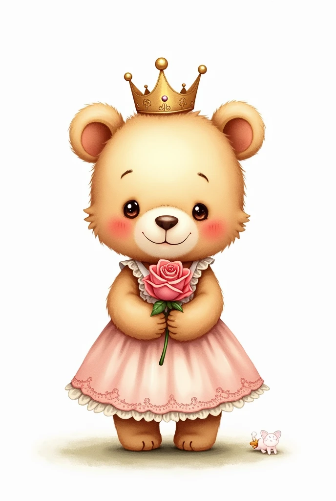 Very cute little bear in a dress and crown on a white background with a rose in her hand in watercolor 