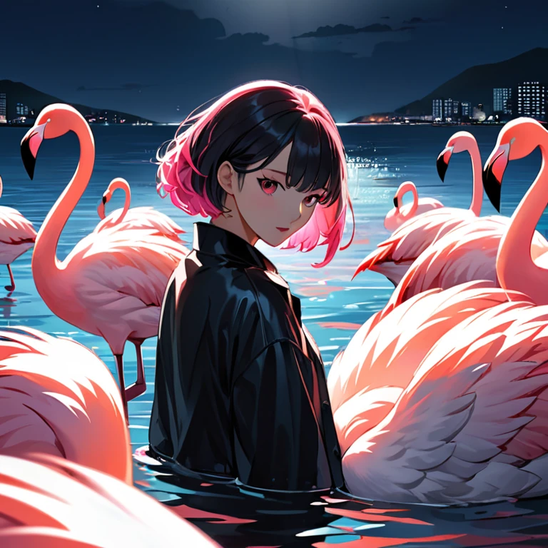 style sombre, billets, argent, beaucoup de pièces, liberté, bouée flamant rose, lumineux, style coréen, bouée, été, thriller sombre, polar. Coréen. Korean.