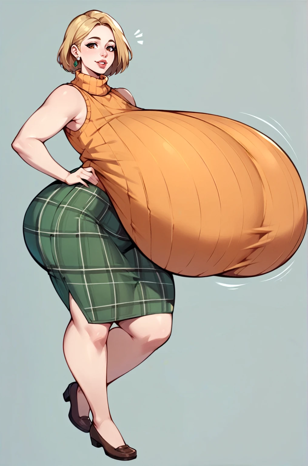 score_9, score_8_up, score_7_up, score_6_up, score_5_up, score_4_up, solo, thicc Ashely Graham from resident evil 4, ((mature mom)), short blonde hair, brown eyes, ((orange sleeveless turtleneck sweater with a burgundy sweater around her neck)), green plaid skirt, big thick full lips, ((pouted lips)), ((squinting eyes)), ((full body)), ((NSFW)), sexy, seductive, alluring, cute smile, joyful, (((fetish: breasts expansion))), (((gigantic breasts))), sagging breasts, big nipples, wide hips, thick thighs, huge ass