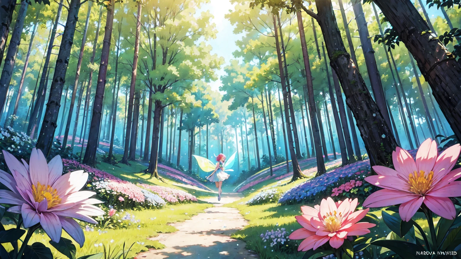 The backdrop is a peaceful, colorful setting in a vibrant forest, uninhabited and full of flowers. Glowing little fairies are flying around. Background only.
