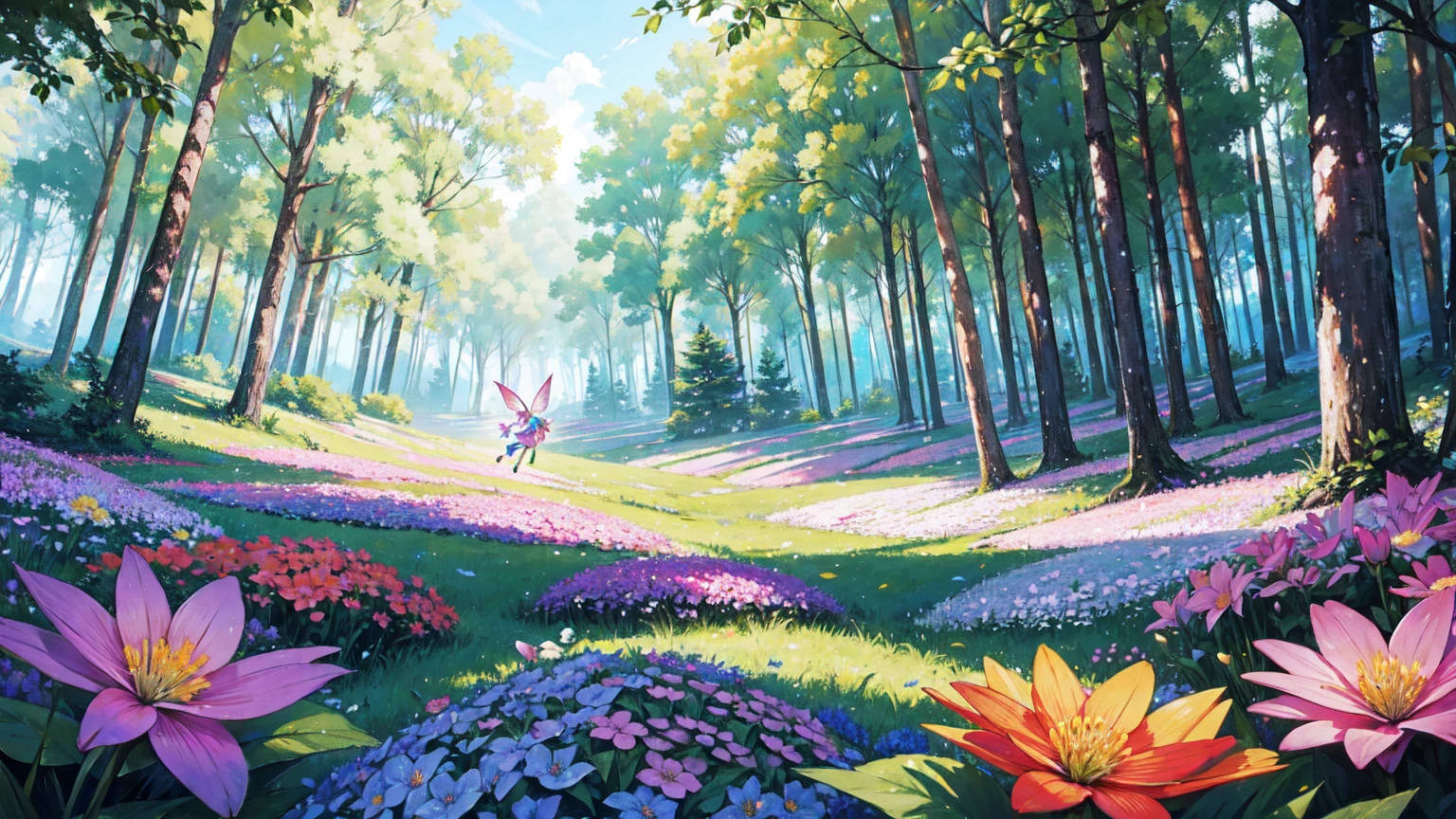 The backdrop is a peaceful, colorful setting in a vibrant forest, uninhabited and full of flowers. Glowing little fairies are flying around. Background only.