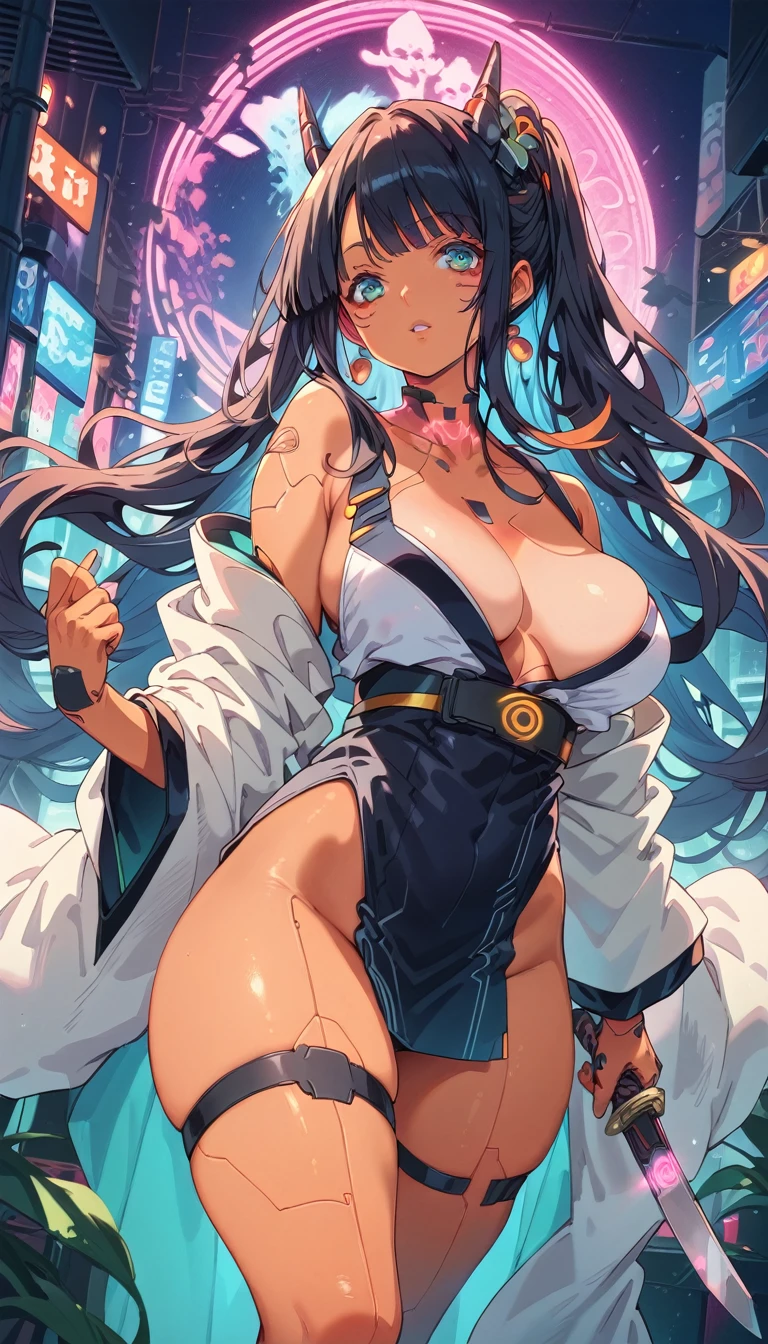 score_9, score_8_up, score_7_up, cyberpunk, whole body, (Orange skin:1.3) Dark black hair, Very long hair,,They are, Horn, (Large Breasts:1.2) , kimono, knife, (Muskyla:0.9), Big Woman,(in a cyberpunk city with neon lights)