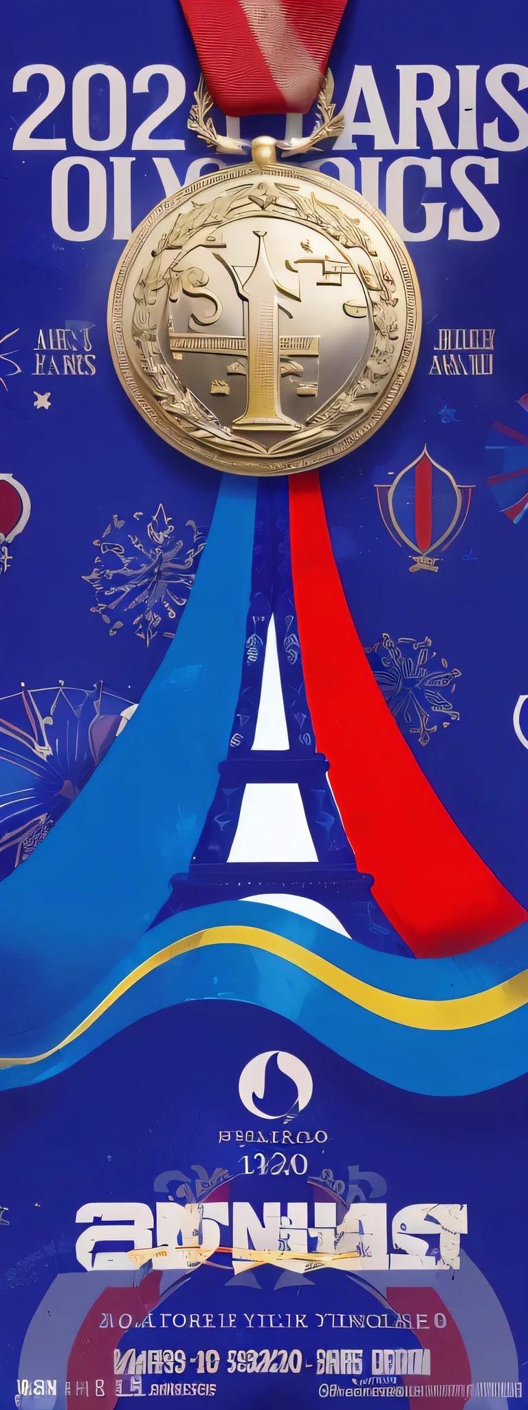 a close up of a poster with a medal on it, Paris background, French flag, 1 9th, author:Arthur Sarkissian, Red and blue theme, Red, blue and gold color scheme, 1128x191 resolution, French nouveau, paris 2010, Tricolor background, French, high resolution, illustration", medal, coin