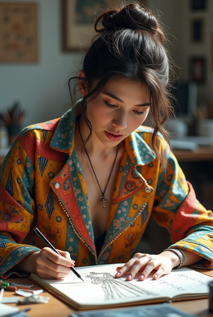 Realistic woman with sketchbook creating a new crazy dress for modelling meanwhile she's wearing crazy outfit matching her hair and personality