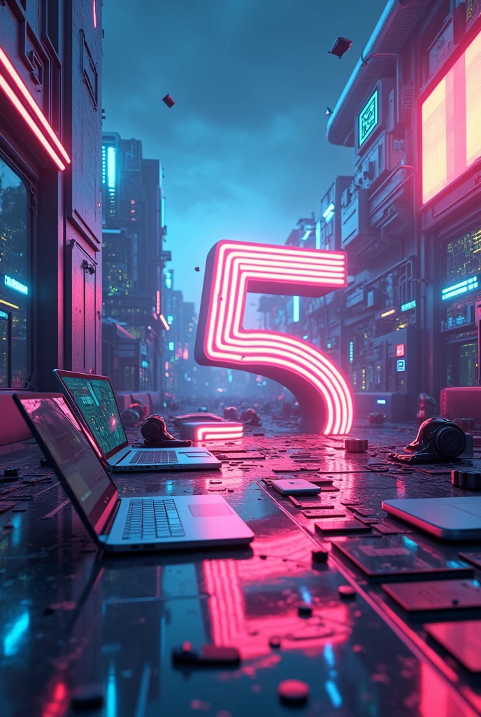5 year work anniversary. Celebratory backgroud for some who Likes tech, entrepreneurship, elon musk produc.. No humans in the picture. The 5 can be in the top right corner and add some techy stuff. Laptops and gadgets?