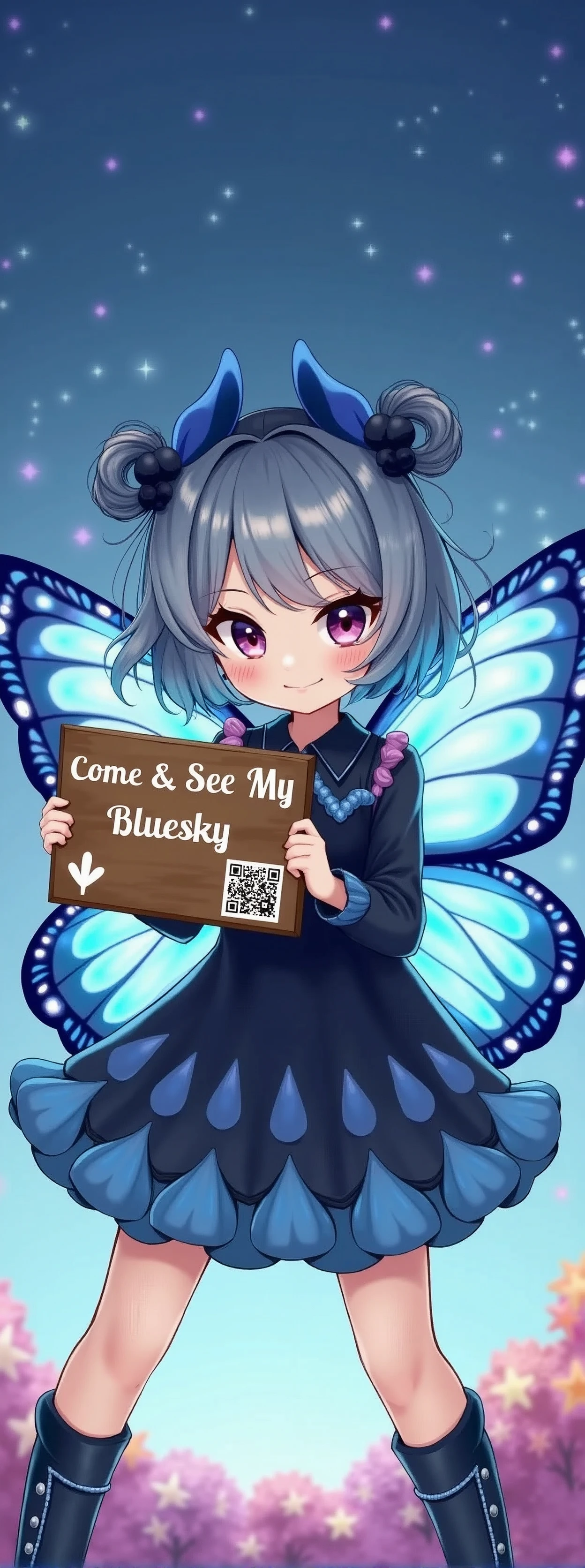 1girl\(fairy,cute,(chibi:0.8), big eyes, cosmic eyes, hair color cosmic, beautiful hair,cute hair style,gothic dress,beautiful dress,breast, blue wings of butterfly, sparkling blue scales,big smile,cute smile, holding wooden hand held sign (with QRcode) says "Come & See My Bluesky ❤"\), BREAK ,background\(beautiful blue sky, twinkle stars,colorful flowers blooming\),(close up sign:1.3),dynamic pose,dynamic angle