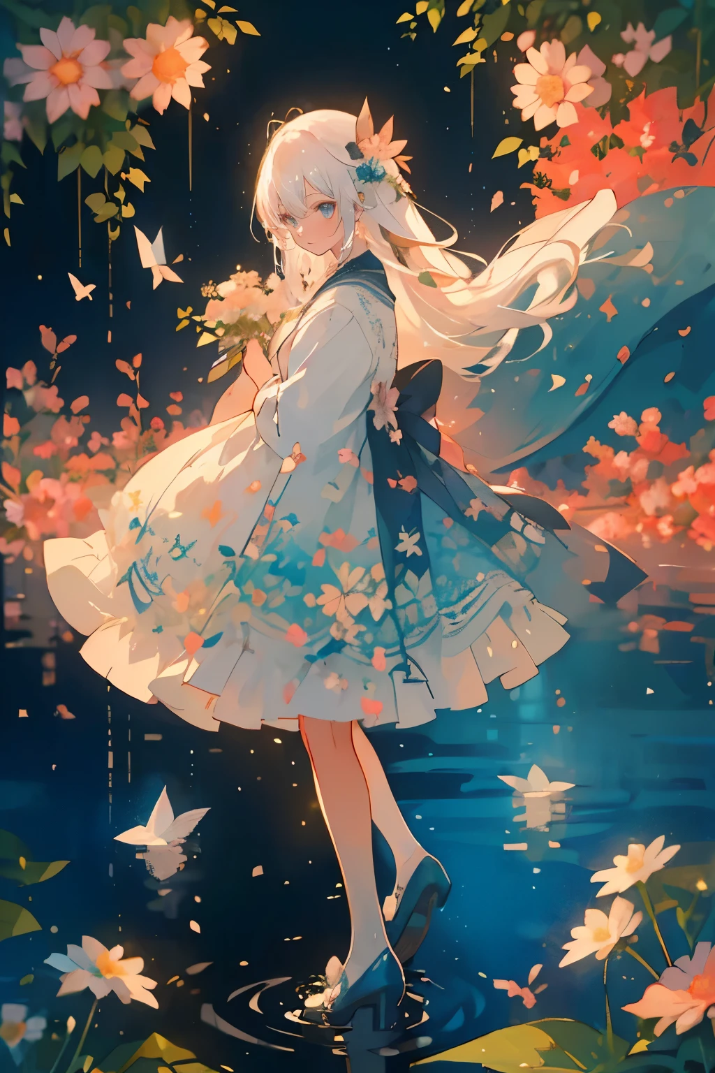 (Mastepiece), (Best Quality), Very detailed, 1 girl, Solo full body shot, Perfect Face, beautiful girl, Very detailedな顔,(White hair long hair:1.5),(blue eyes:1.4),(Lots of butterflies々:1.2)、(Lots of flowers:1.4)、(Lots of flowersびら:1.3)、(Sparkling:1.3)、(smile:1.3)