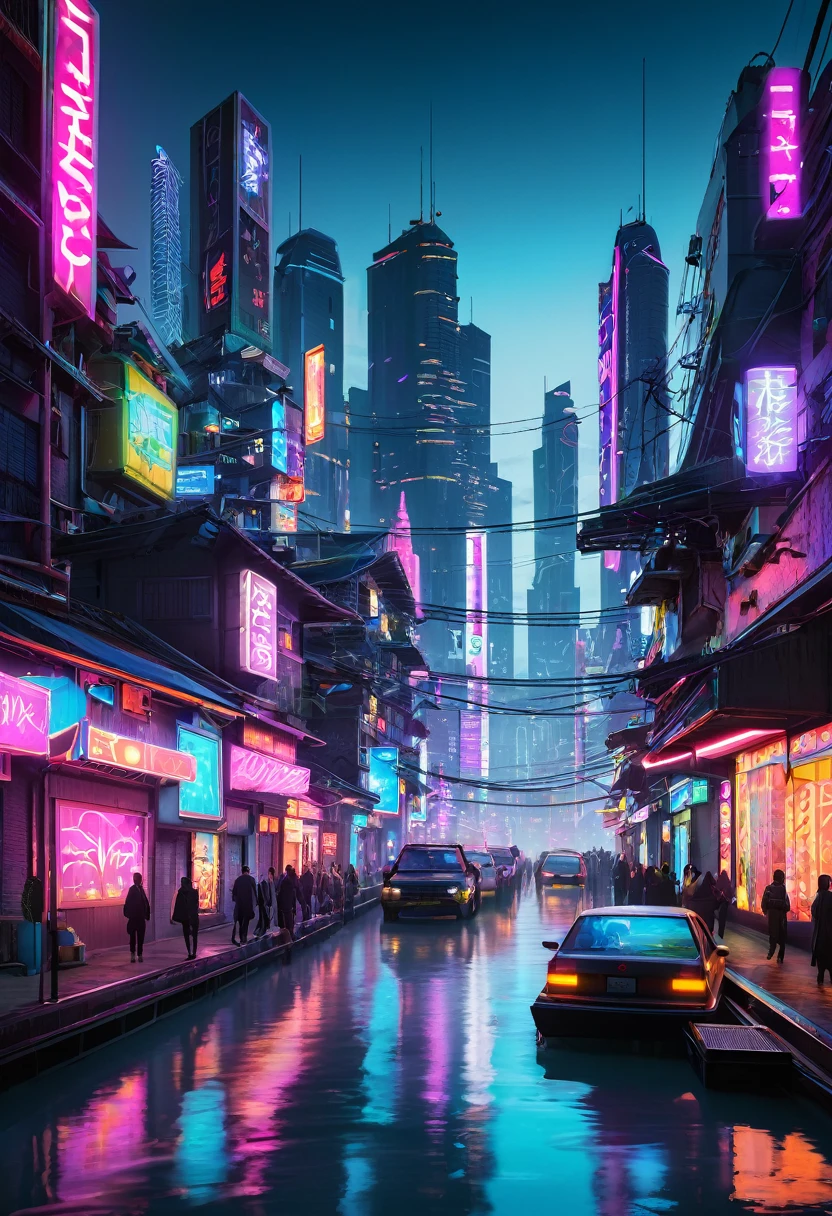 Scene with a noisy city, illuminated by neon lights, floating by.
