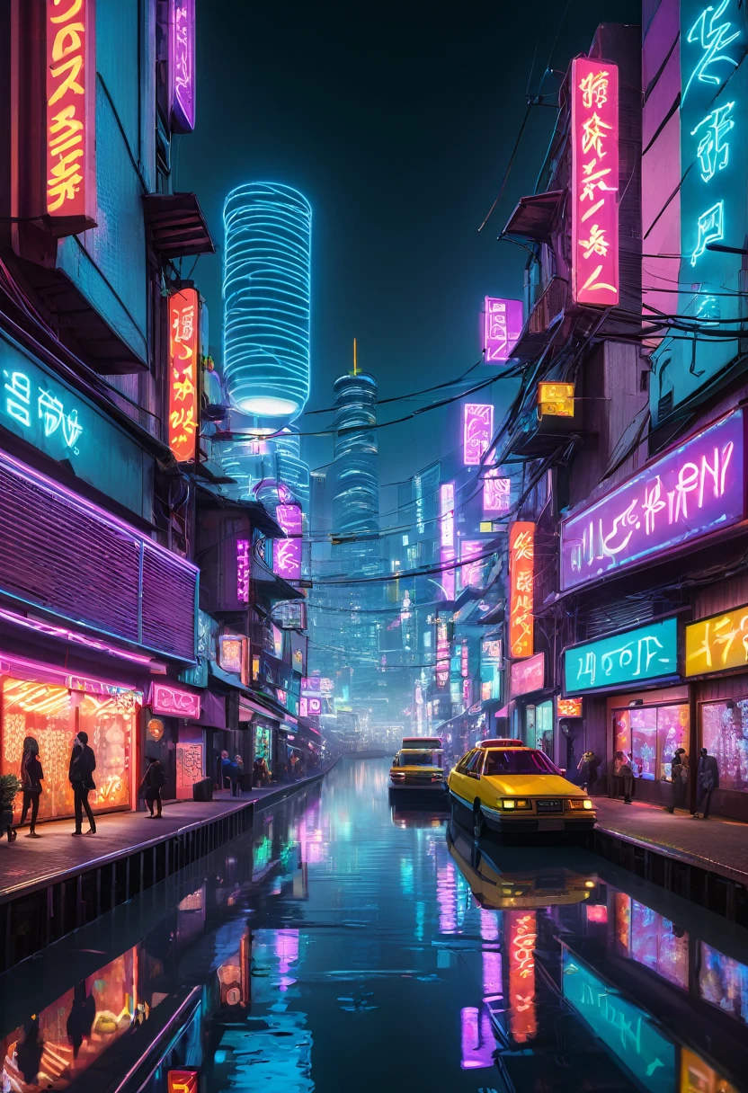  Scene with a noisy city, illuminated by neon lights, floating by.