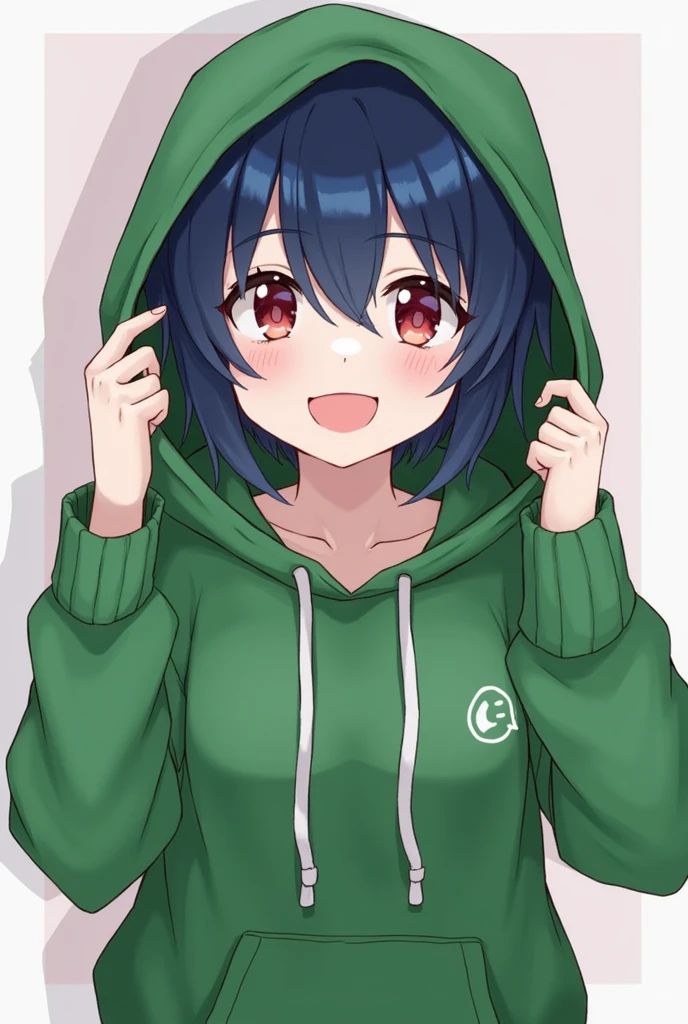 Navy Blue Hair。Red eyes。Medieval boys。
Cute Smile。Energetic and kind。
Wearing a green colored hoodie、The hood is not covered。clothes。
Social media icons。