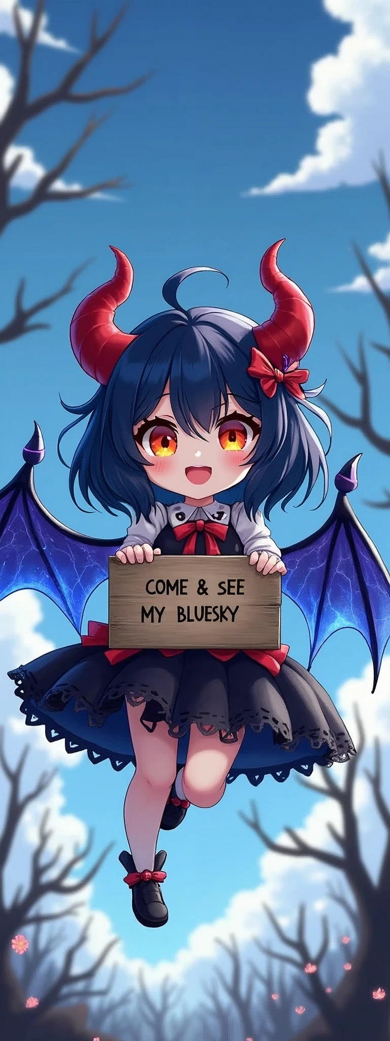 1girl\(devil,cute, (chibi:0.8),evil,big eyes, orange eyes,big red horn, hair color dark, beautiful hair,cute hair style,gothic dress,beautiful dress,breast, blue wings of butterfly, sparkling blue scales,big evil smile,cute smile, holding big wooden hand held sign with QRcode says "Come & See My Bluesky ☠"\), background\(beautiful blue sky, dead trees,,dead flowers \),(close up sign:1.8),dynamic pose,dynamic angle,pony style,from below
