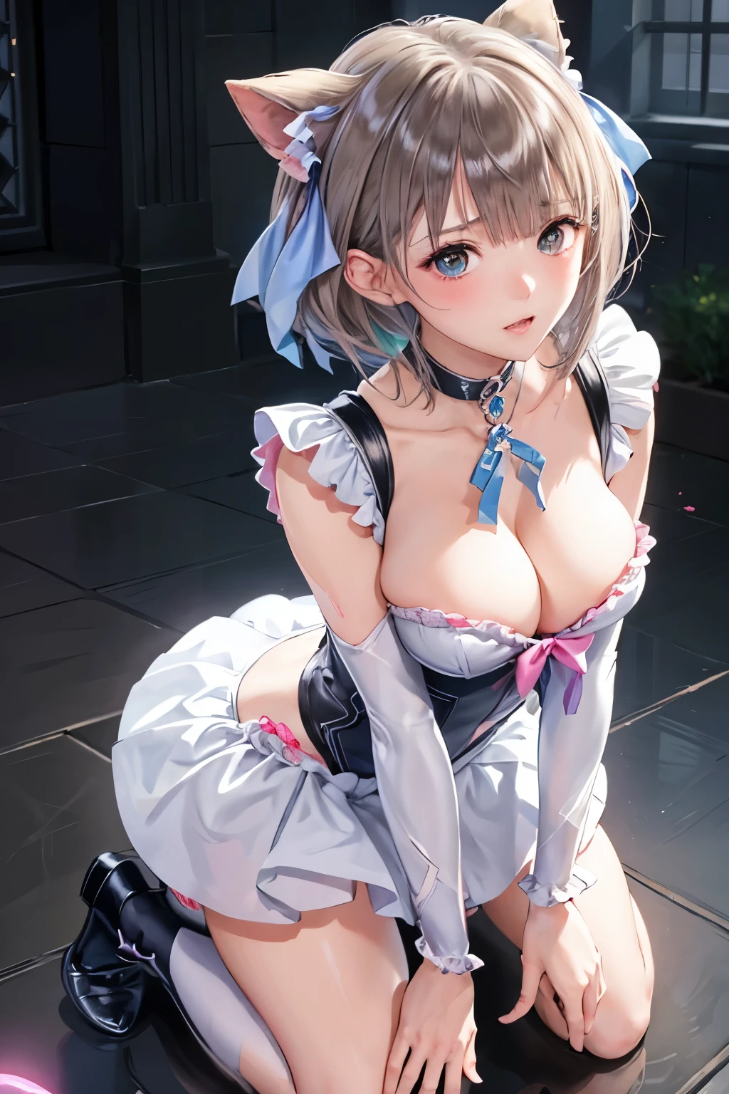 (((SFW、sound、Highest quality、first class、masterpiece、Normal body、8k、Detailed face、Ultra-precision、Normal hand、通常のrefer to、5refer to、Highest)))、beautiful girl、Silver Hair、Odd Eye((Emerald、brown))、Shortcuts、Bobcut、High leg leotard、Colorful frill mini skirt、Bright ribbon on the right side of the head、Frill ribbon on chest、Large frill ribbon on the back、Shirai Hinako - Blue Reflection、Transform、Magical girl、On all fours、blush、Estrus、Open your mouth and stick out your tongue