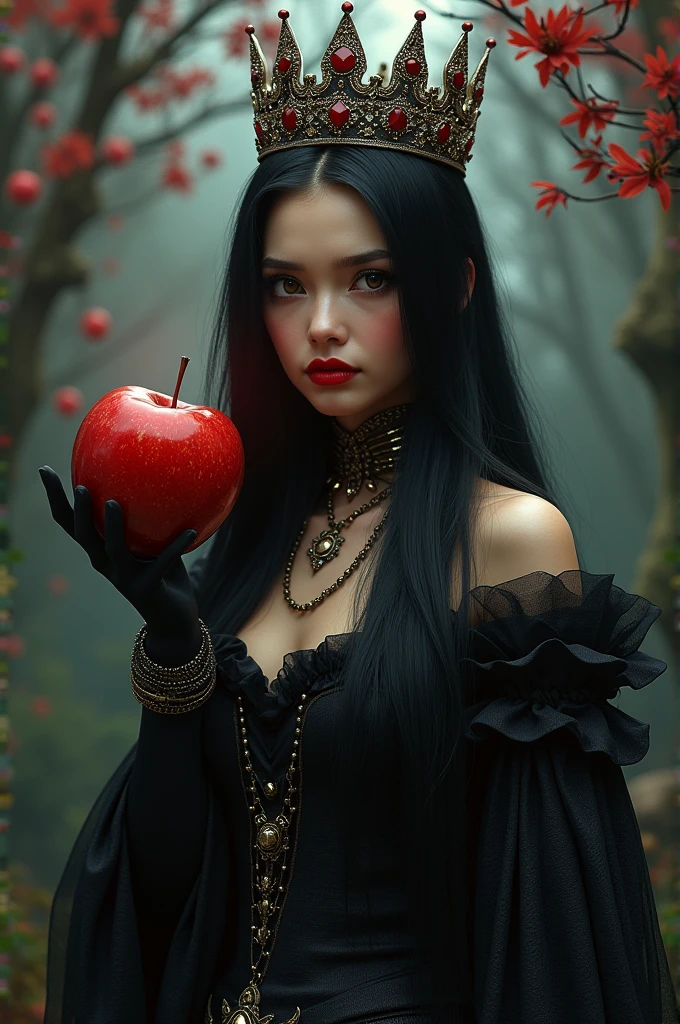 ((RAW Photo), absurd, (absurdresolution)), masterpiece, best quality, (Extremely detailed 8k unity CG wallpaper), (best illustration), (best shadow), Realistic lighting, beautiful detailed glow, ((21 years old)), girl, long black hair, black queen, accessories, apple in hand, poisoned apples, witch queen, red lipstick, (((Photographic Perspective of her)))