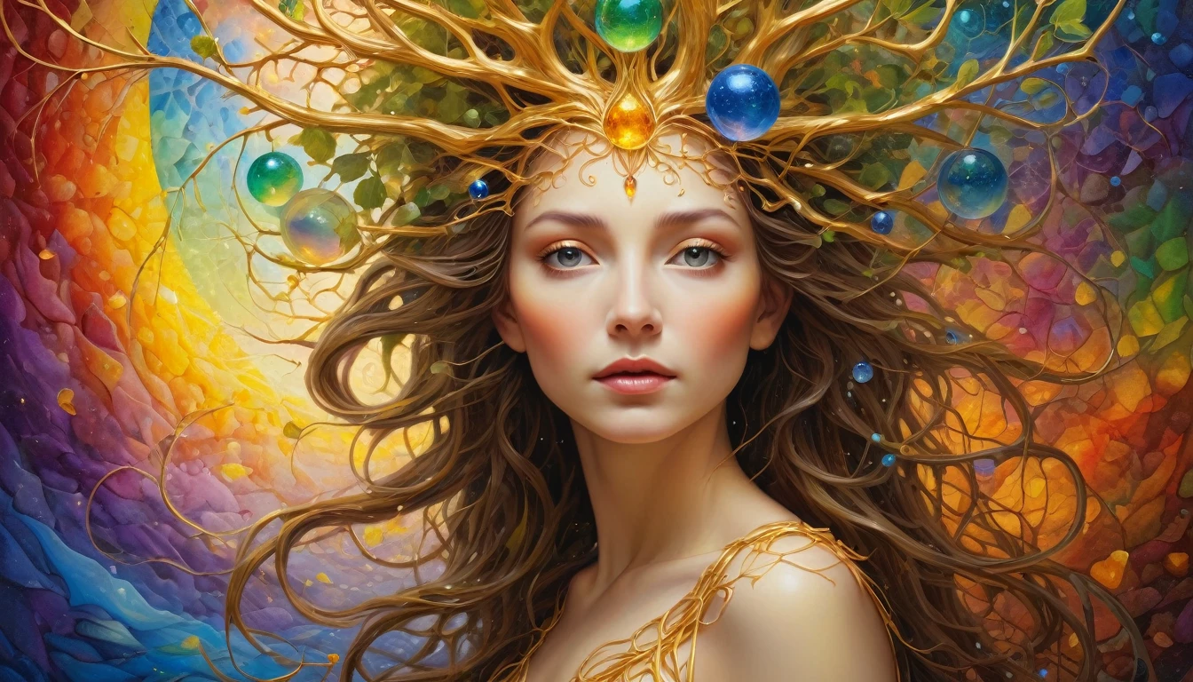 Beautiful line art photo,Use gold strokes and rainbow paint,Golden Maiden,the golden ratio,Melted wax,Visible brush strokes,surrounded by crystal spheres,3D Mosaic Wireframe,neuroimaging,neurons,The Tree of Life,colours,California,intense emotion,Oil on canvas,Thick strokes,insanely details,8k ultra high definition,tmasterpiece,art stations,ultra-realistic realism,plant witch,Vine Queen,Witch of Thorns