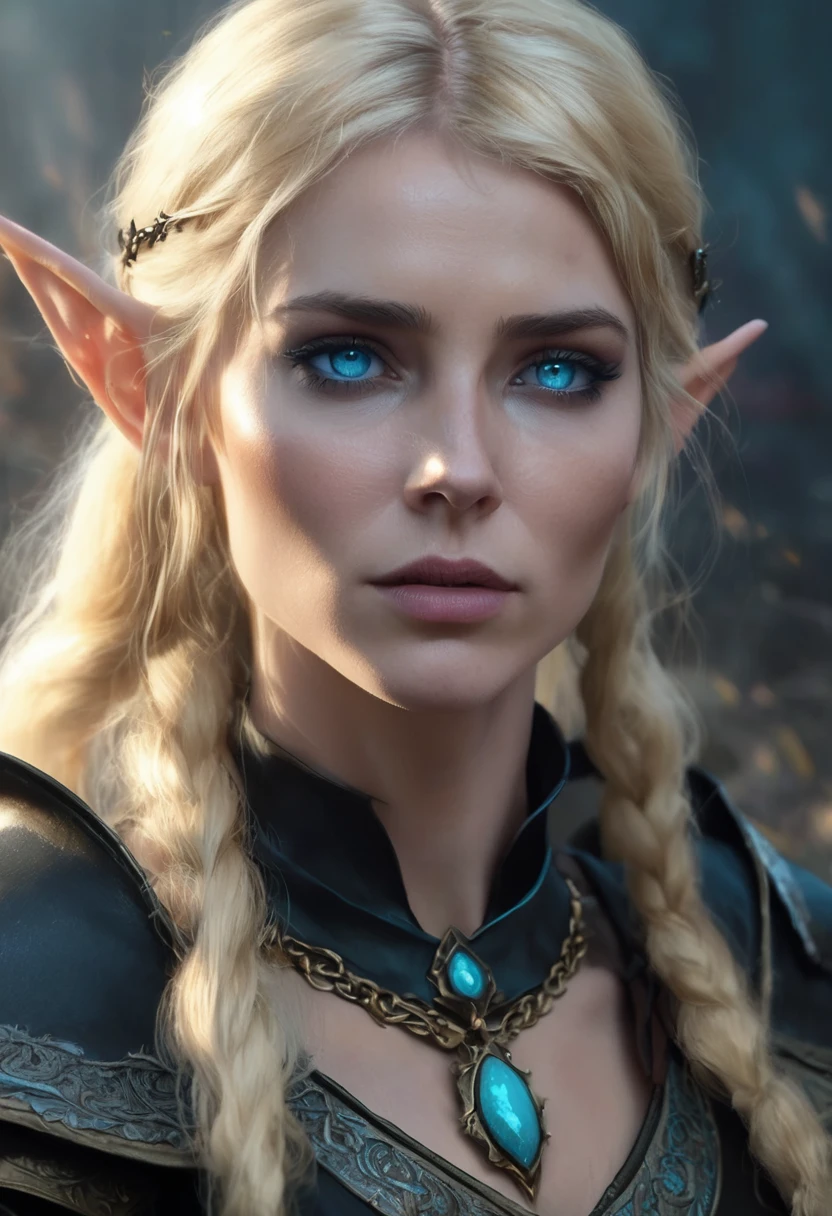 1 woman, inside a war, wearing a black medieval outfit, feminine turquoise blue eyes, clear and detailed skin, short golden blonde hair, dramatic lighting, cinematic composition, dark palette, small elf ears, dark colors, atmospheric fog, thin chin, soft face, serious face, beautiful woman, adult woman, ultra realistic, adult woman (best quality, 4K, 8K, high resolution, art: 1.2), ultra detailed (realistic, photorealistic, photorealistic: 1.37)