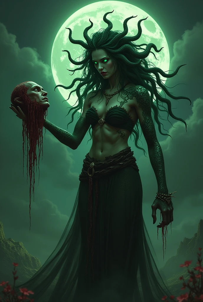 Medusa snake hair, eyes glowing green, night full moon, holding a petrified human head